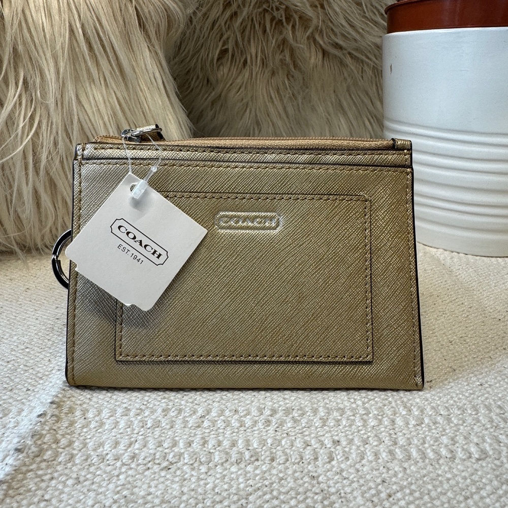 Coach F50425 Gold Saffiano Leather Keyring Coin Purse Card Wallet NWT